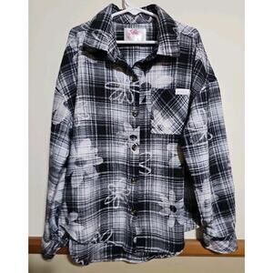 Justice Black & White Plaid Floral Flannel Button Up Shirt Size M (10)
